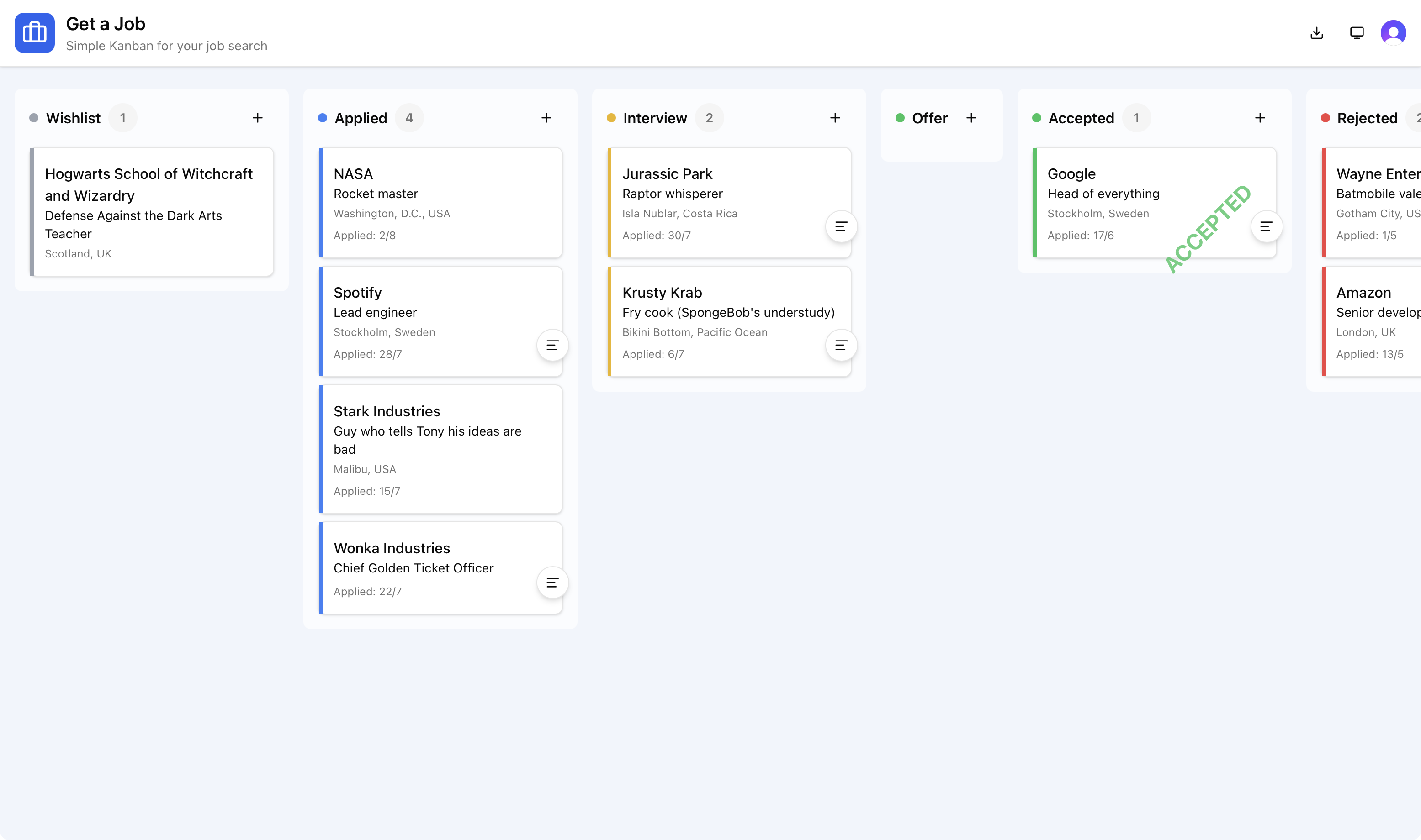 Screenshot of Get a Job: a kanban board with Wishlist, Applied, Interview, Offer, Accepted and Rejected columns, each holding cards with the company, role, location and date applied